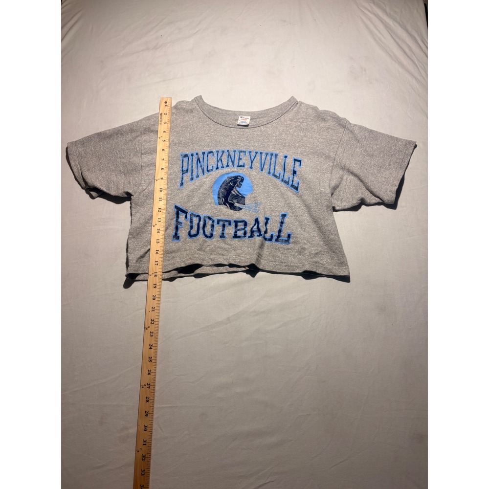 Vintage Champion Pinckneyville Football Cropped T-Shirt Gray Blue Large USA Made